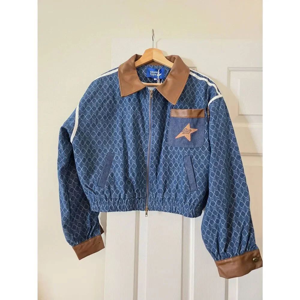 Aelfric Eden Vintage Denim Jacquard Cropped Jacket Long Sleeve Jean Coat Xl Nwt — image 5 of 8
